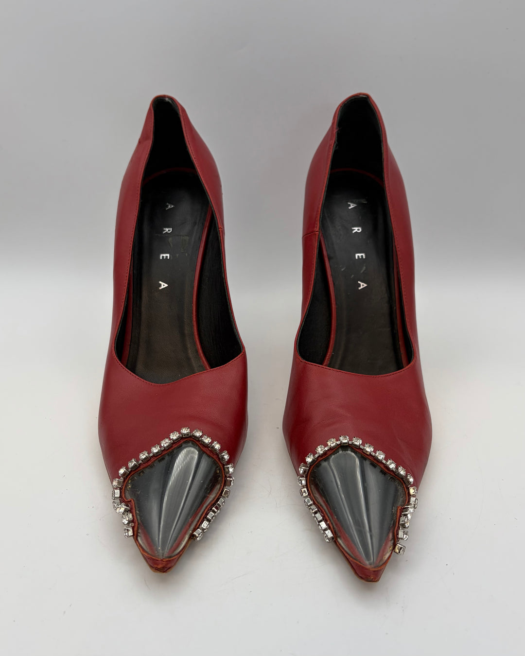 Dark Red and Clear Rhinestone Toe Heels - Size 40