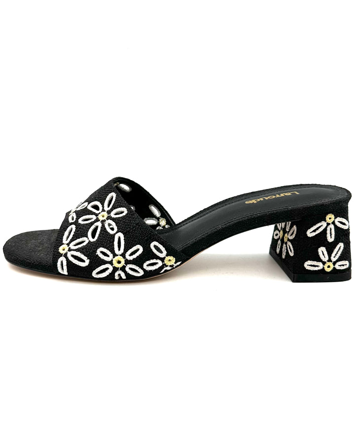 Black Raffia and Floral Print Heel Sandal - Size 6.5