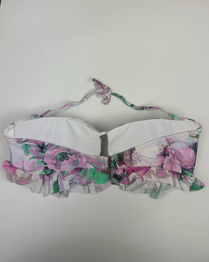 Purple Floral and White Ruffle Bikini Top - Small & Extra Large D Cup