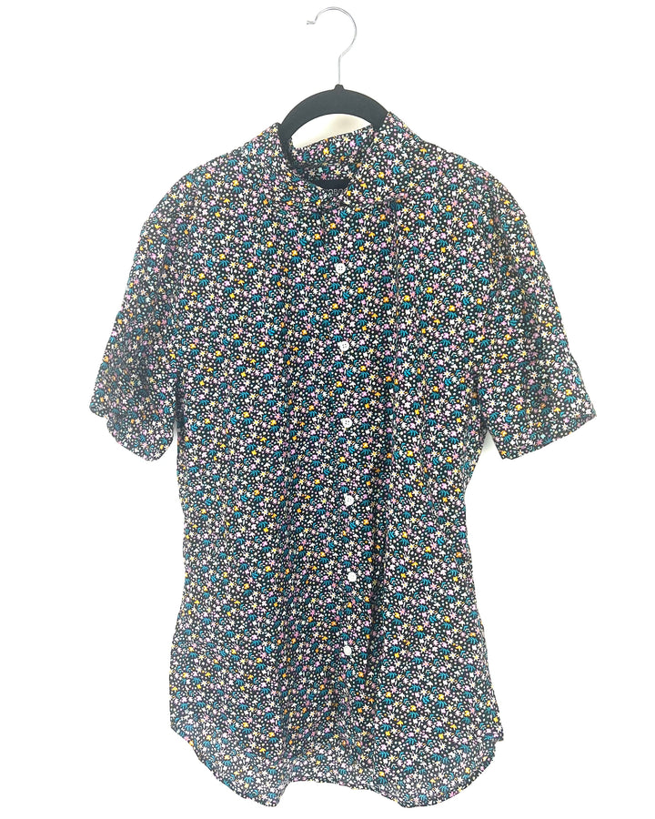 MENS Black Button-Up with Colorful Flower Pattern - Medium