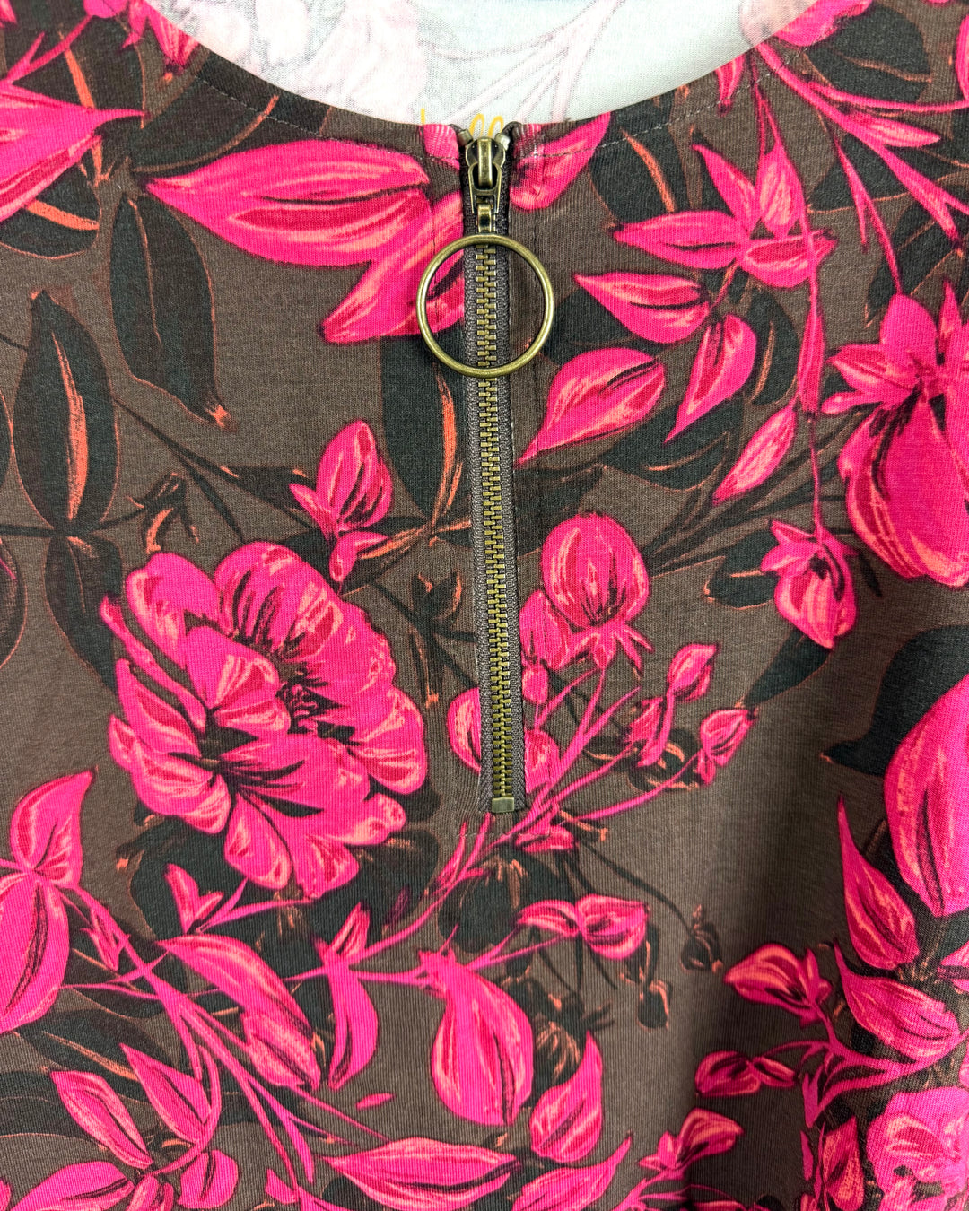 Brown and Pink Floral Pattern Quarter Zip Top - Size 4/6