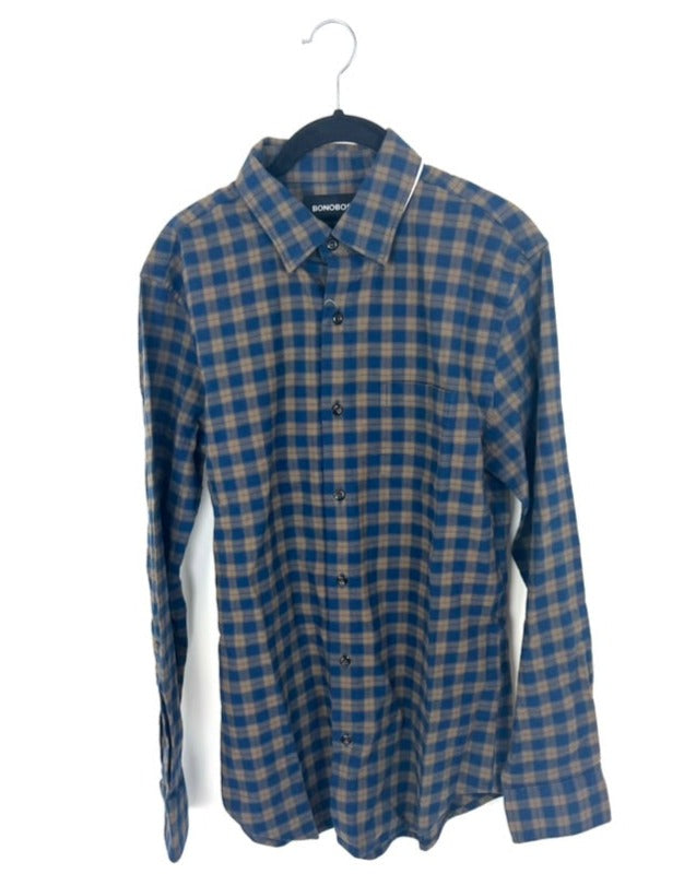 MENS Navy and Brown Plaid Long Sleeve Button-Up - Small