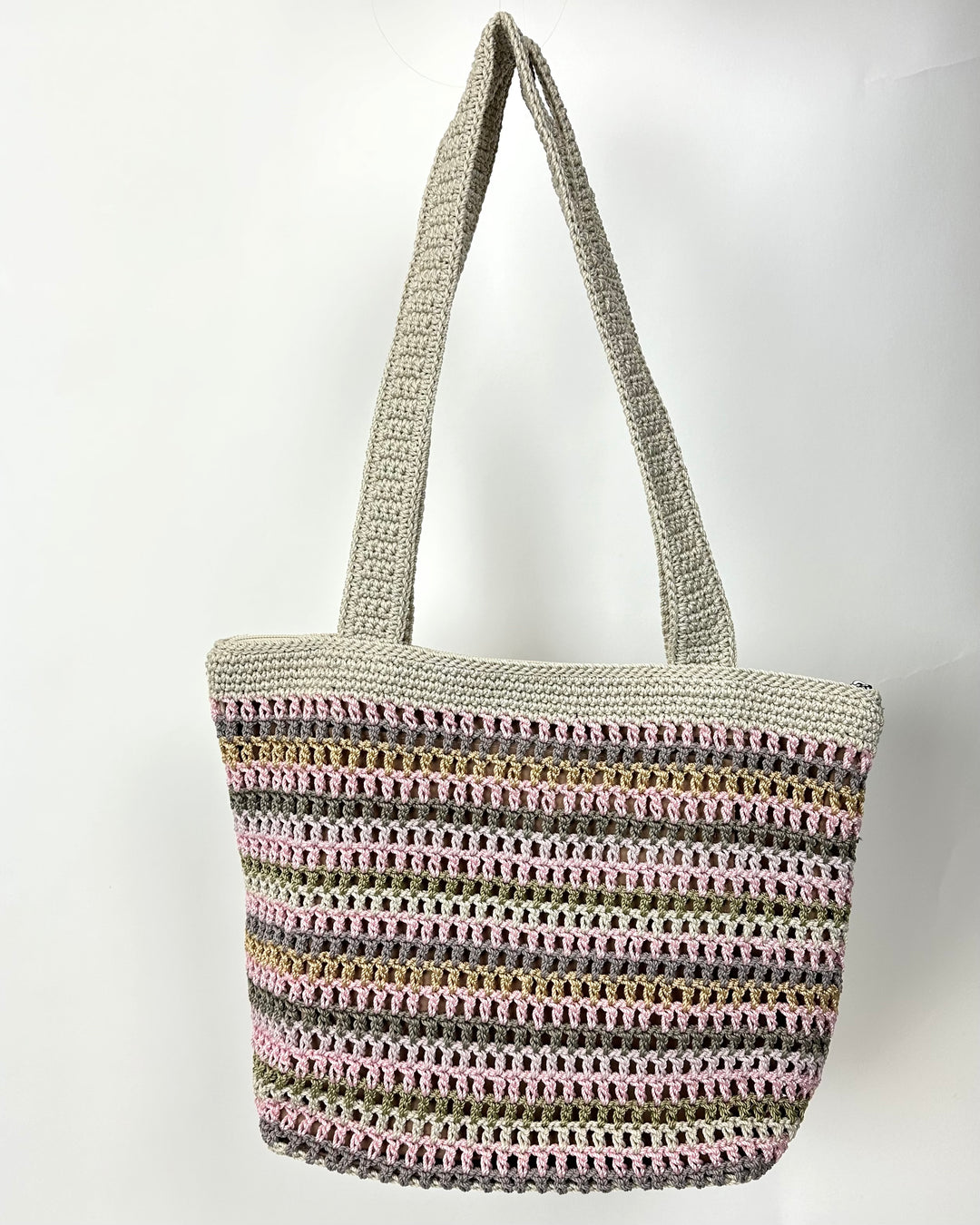 Light Tan and Pink Crochet Shoulder Bag With Floral Charm