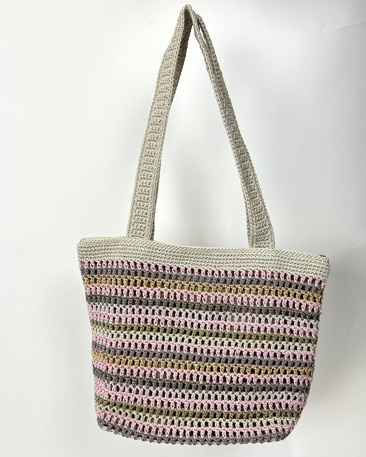 Light Tan and Pink Crochet Shoulder Bag With Floral Charm