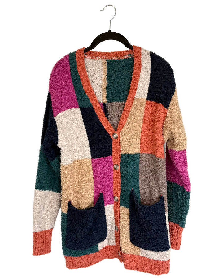 Multicolored Fuzzy Button Up Cardigan - Size 4/6