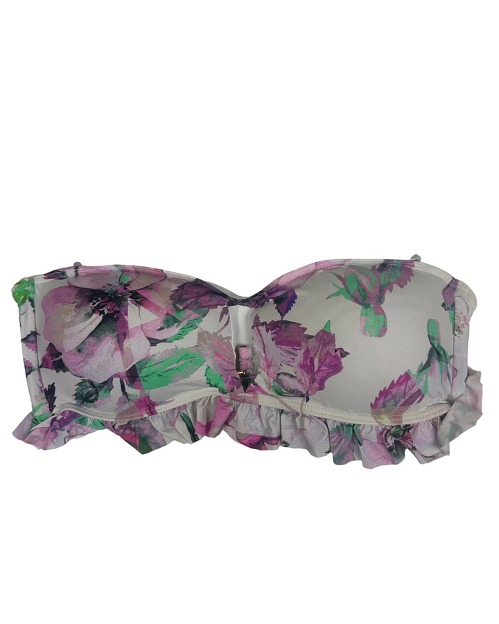 Purple Floral and White Ruffle Bikini Top - Small & Extra Large D Cup
