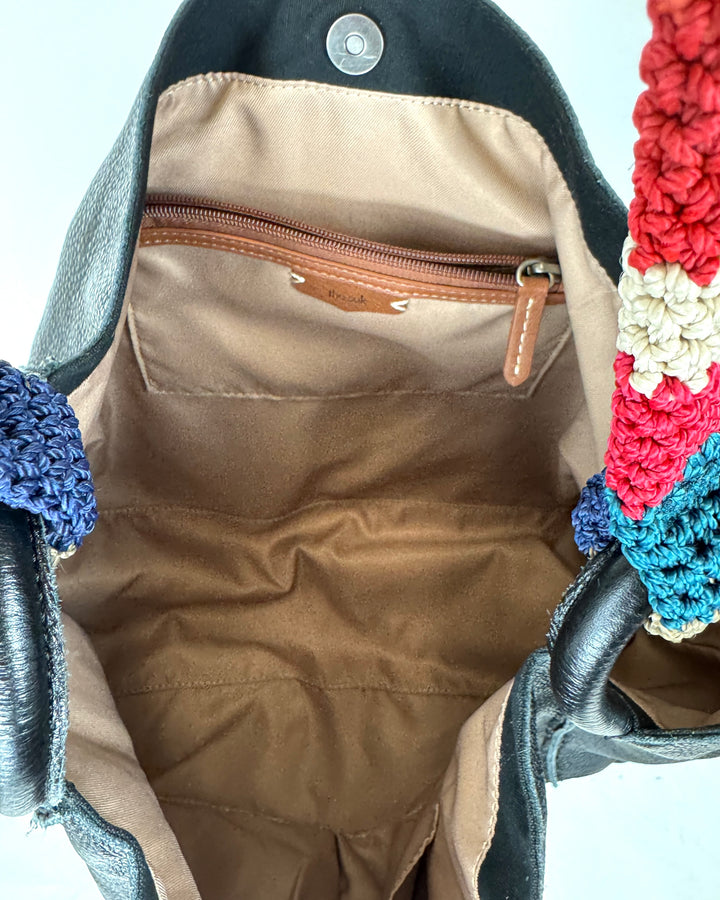 Black Leather Tote Bag With A Multi Color Crochet Strap
