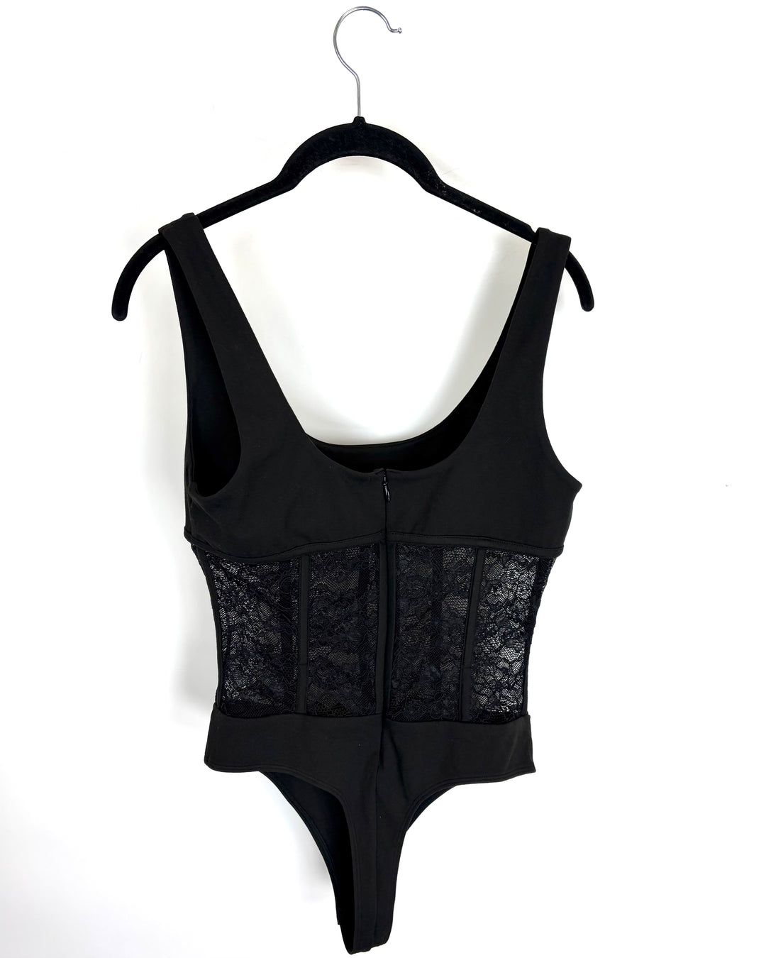 Black Corset Sheer Lace Bodysuit - Small