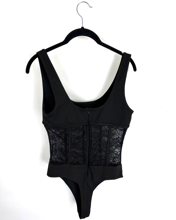 Black Corset Sheer Lace Bodysuit - Small