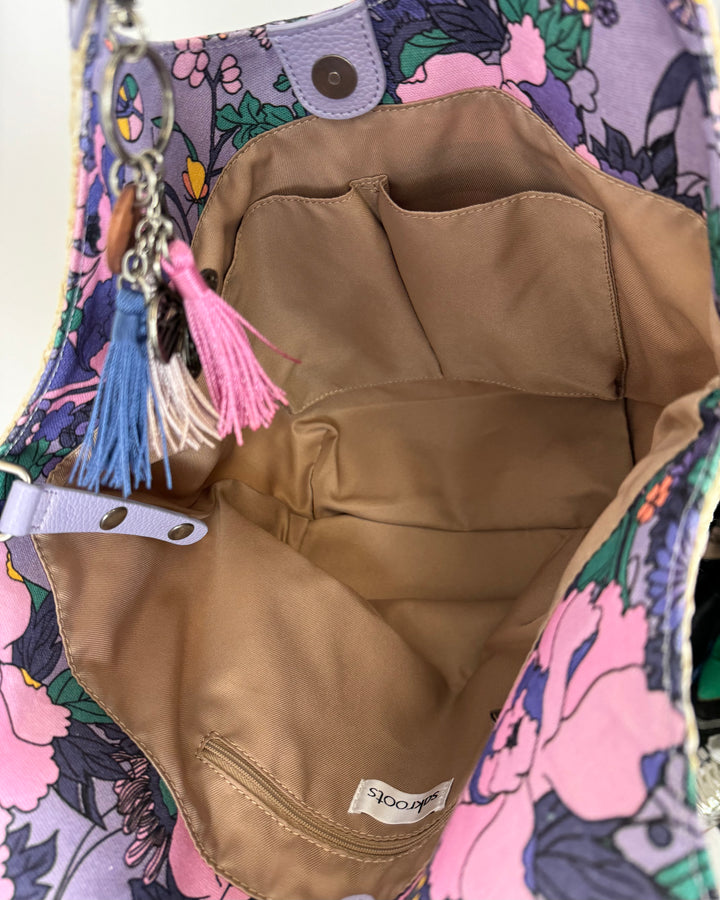 Purple Floral And Raffia Tote Bag