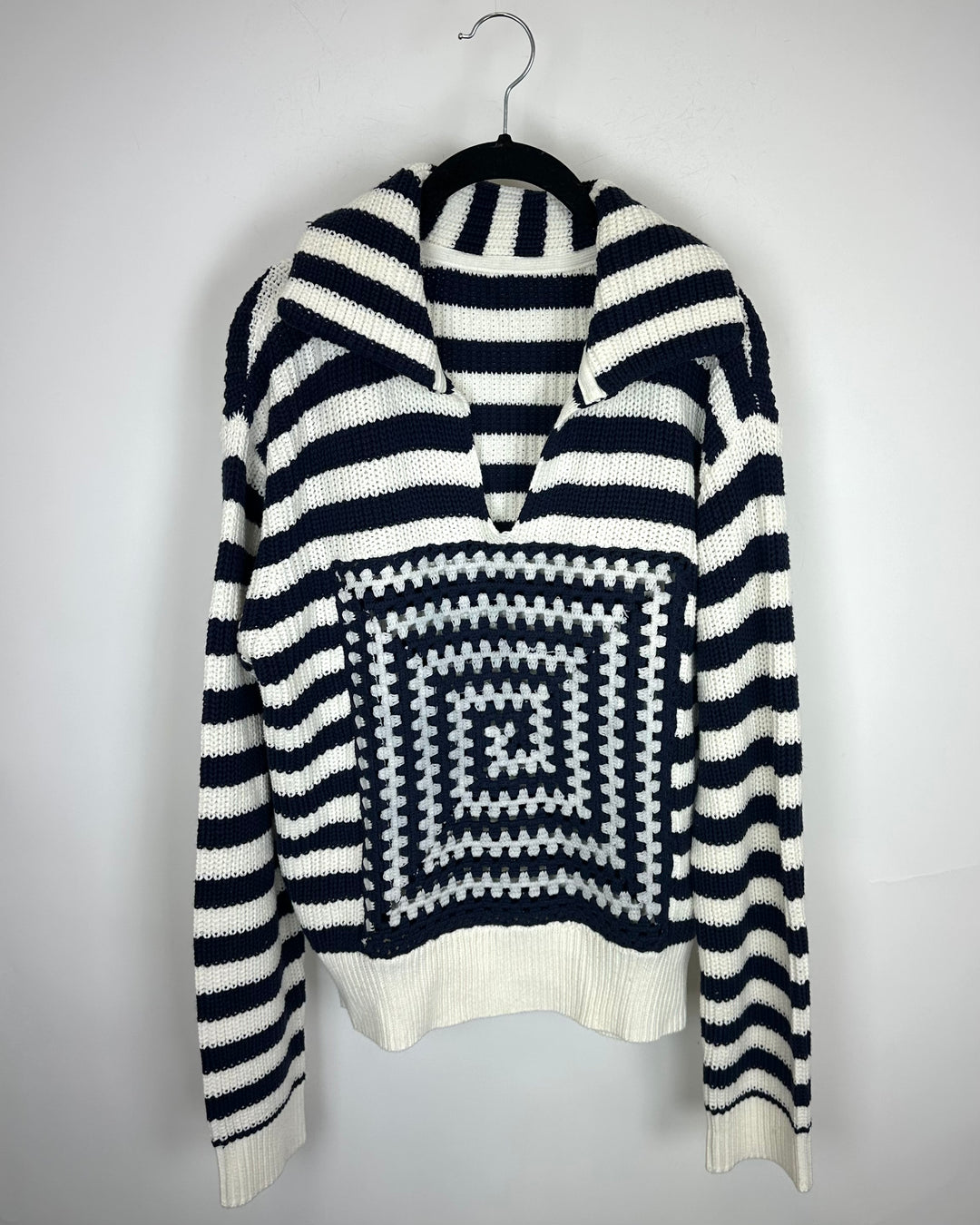 Navy and White Crochet Knit Sweater - Size 8/10
