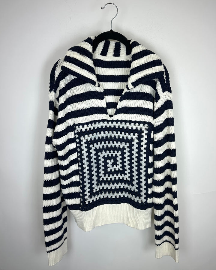 Navy and White Crochet Knit Sweater - Size 8/10