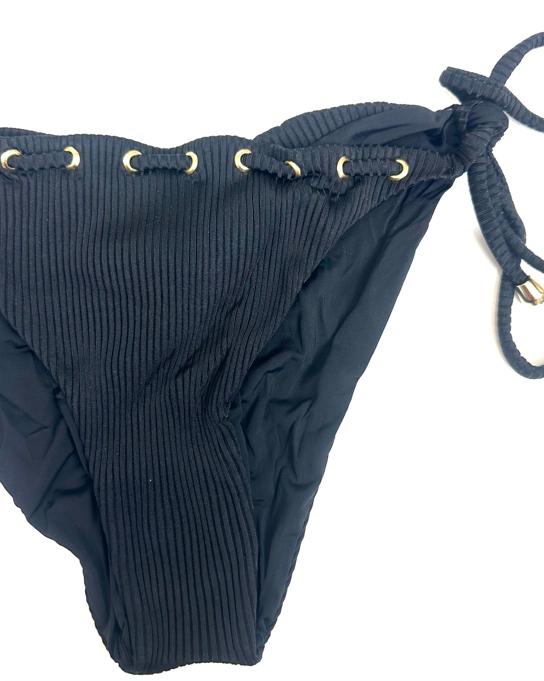 Black Ribbed & Gold String Bikini Bottom - XS - XL