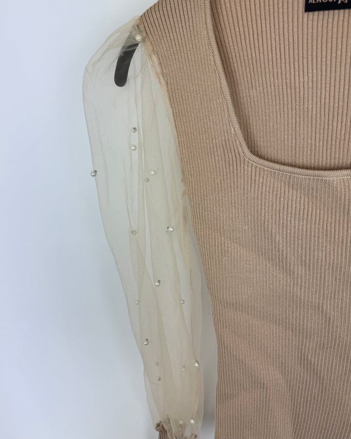 Beige Top with Sheer Sleeves - Size 0/2