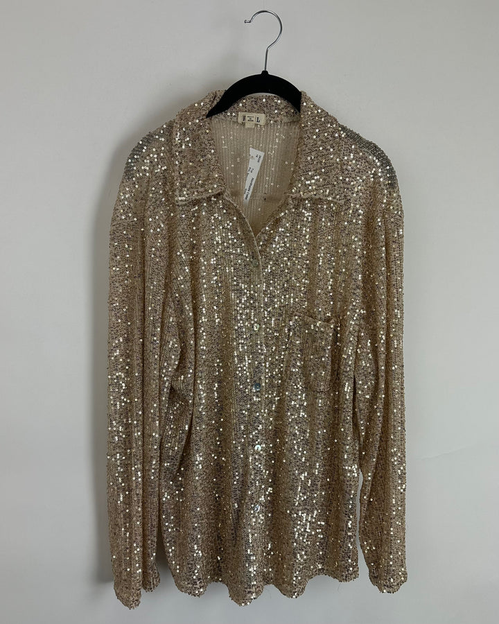 POL Gold Sequin Long Sleeve Blouse - Small