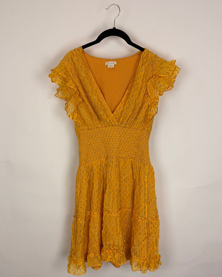 Yellow Metallic Ruffle Dress - Size 6