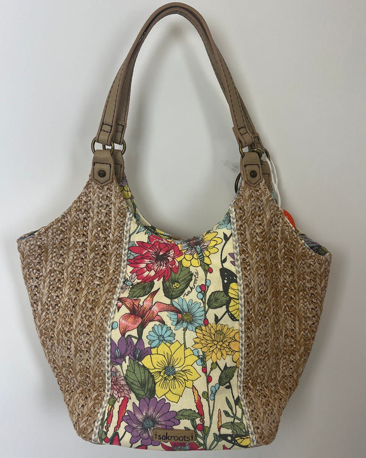 Multi Color Floral And Raffia Mini Tote Bag
