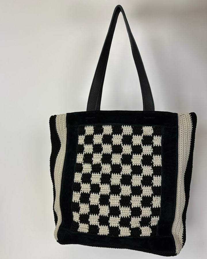 Black Checkerboard Crochet Tote Bag