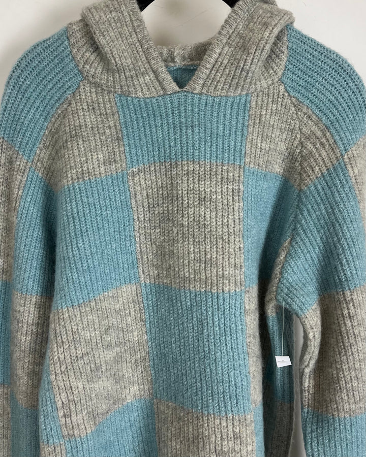Blue and Grey Knit Hoodie - Size 6/8