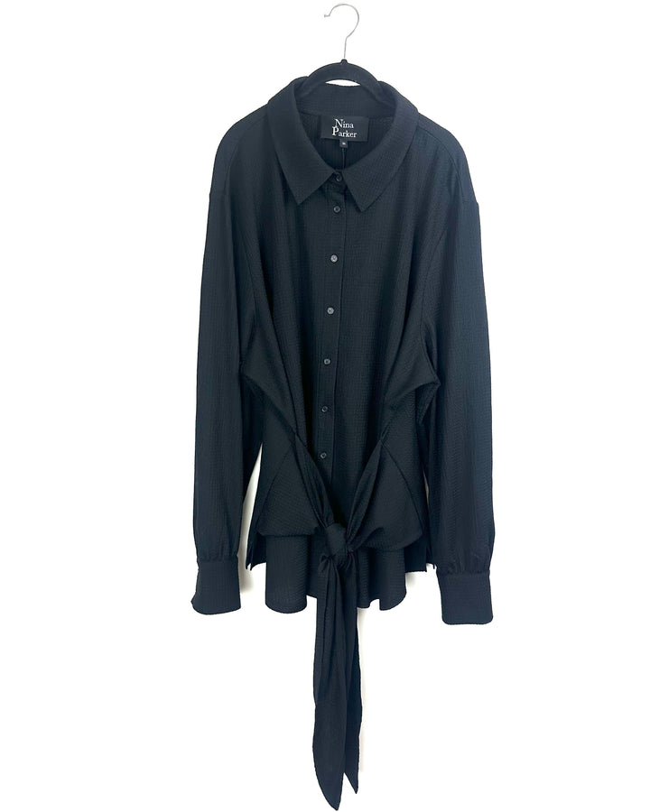 Black Waffle Knit Wrap Blouse - Size 2x