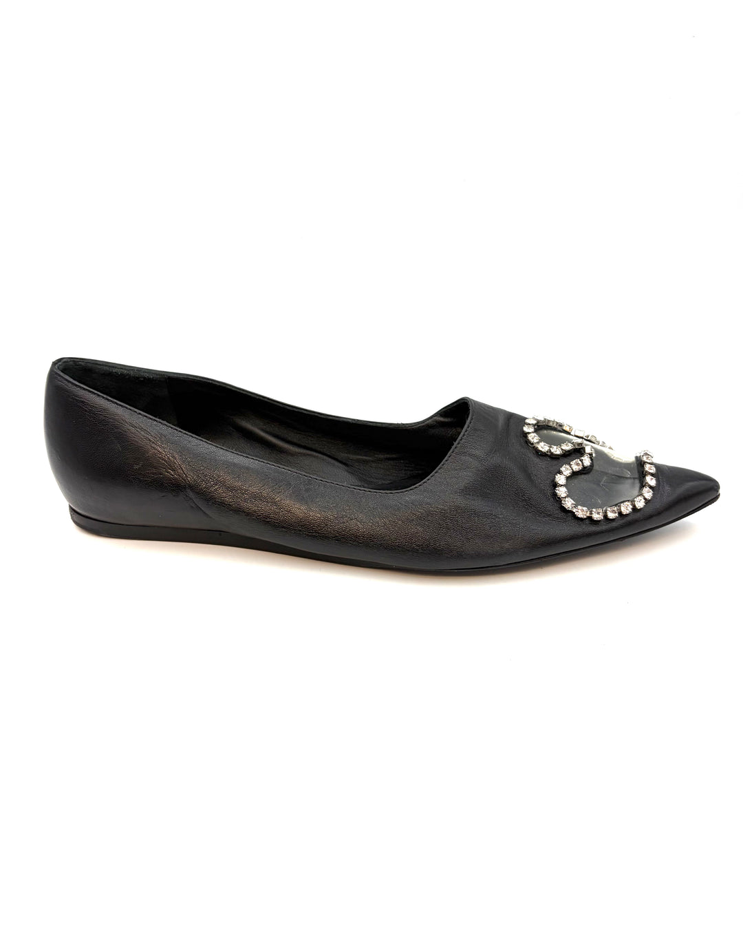 Ink Black and Clear Rhinestone Toe Flats - Size 39