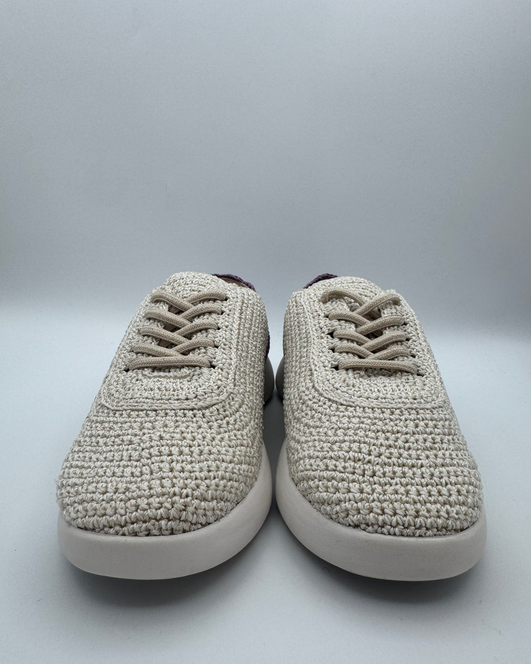 White Crochet Sneakers With Purple Abstract Design - Size 6