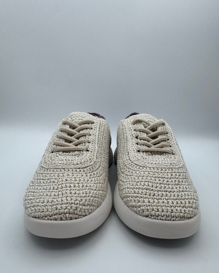 White Crochet Sneakers With Purple Abstract Design - Size 6