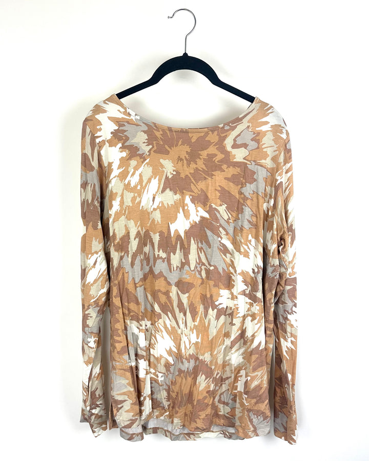 Light Brown Long Sleeve Abstract Print Top - Size 14/16