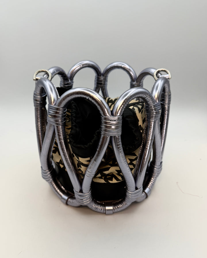 Houndstooth and Silver Leather Loop Bucket Bag