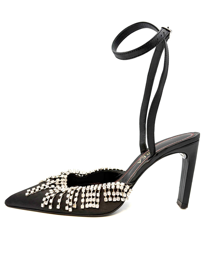 Black Gem Fringe Heels With Ankle Strap - Size 39