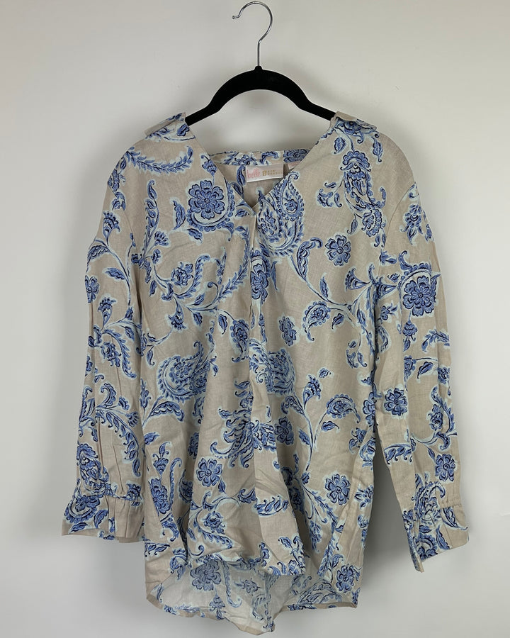 Beige Long Sleeve Top with Blue Paisley Design - Size 6/8