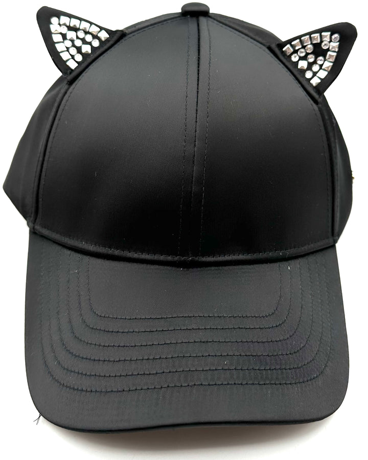 Black Satin Cat Ear Baseball Hat - One Size