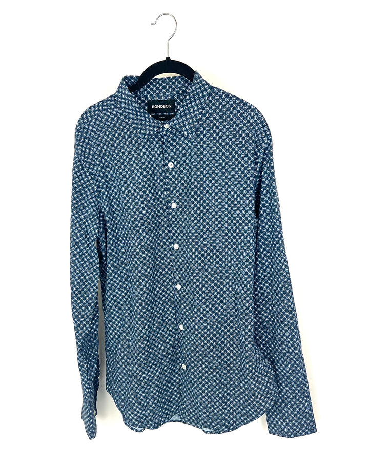 MENS Dark Blue Floral Button Up Long Sleeve - Medium Slim Fit