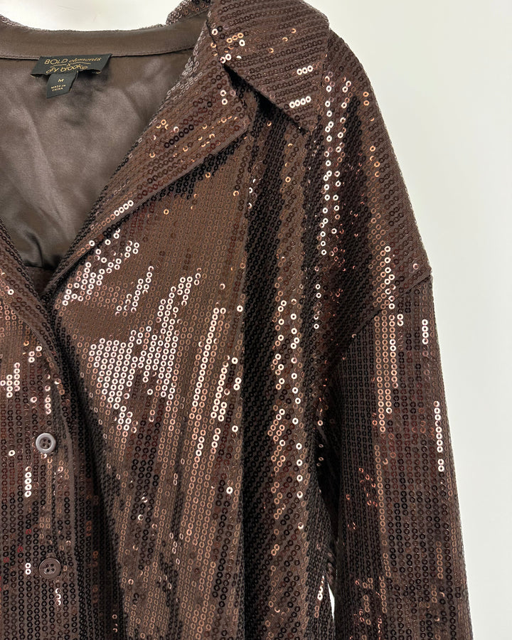Brown Sequin Cropped Button Down - Size 8/10