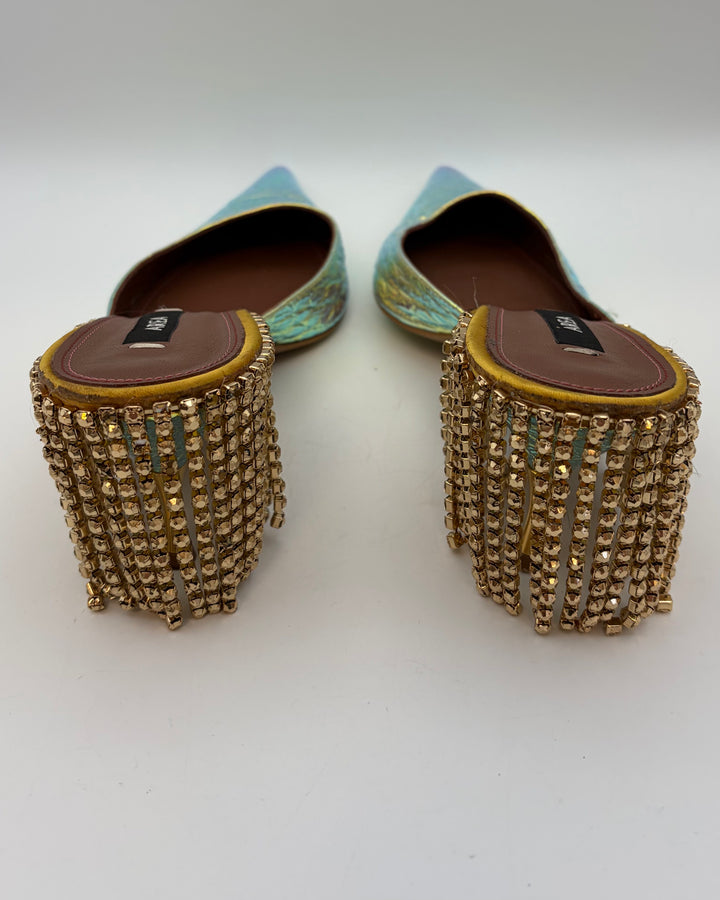 Iridescent Textured Rhinestone Fringe Back Heels - Size 40