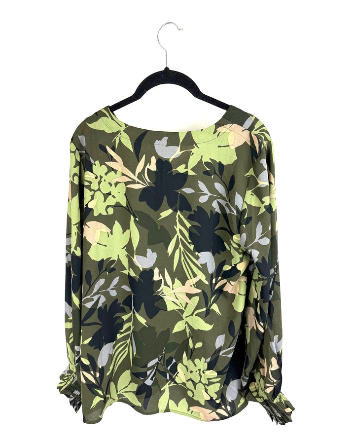Army Green Leaf Pattern Blouse - Size 6/8
