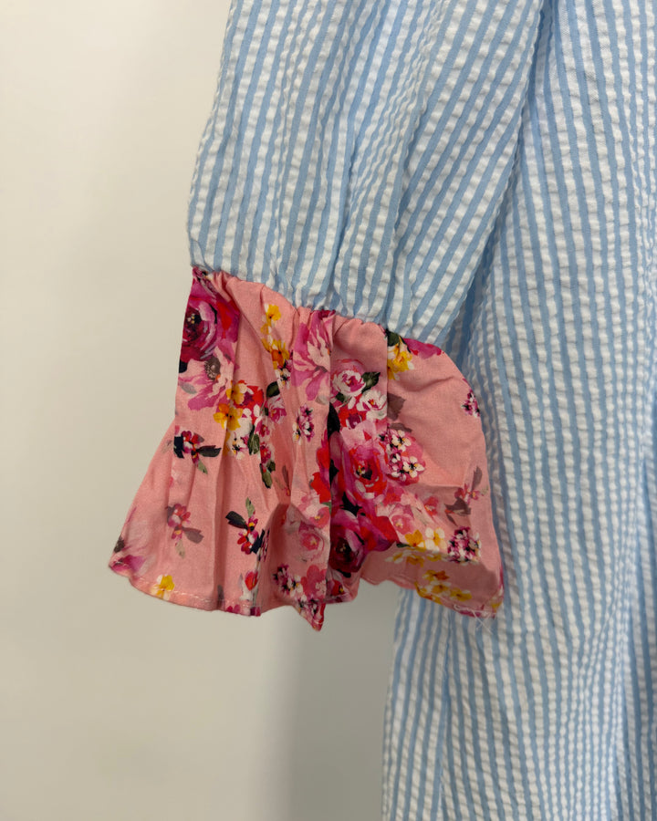 Floral & Blue Striped Shirt Dress - Size 2/4