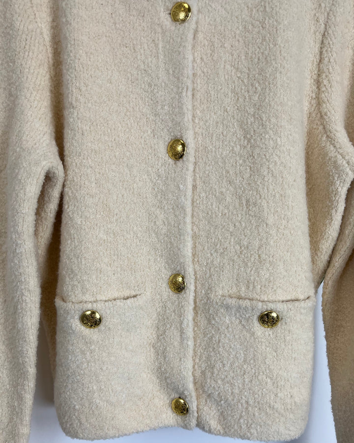 Beige Button Up Cardigan with Gold Accents - Size 2/4