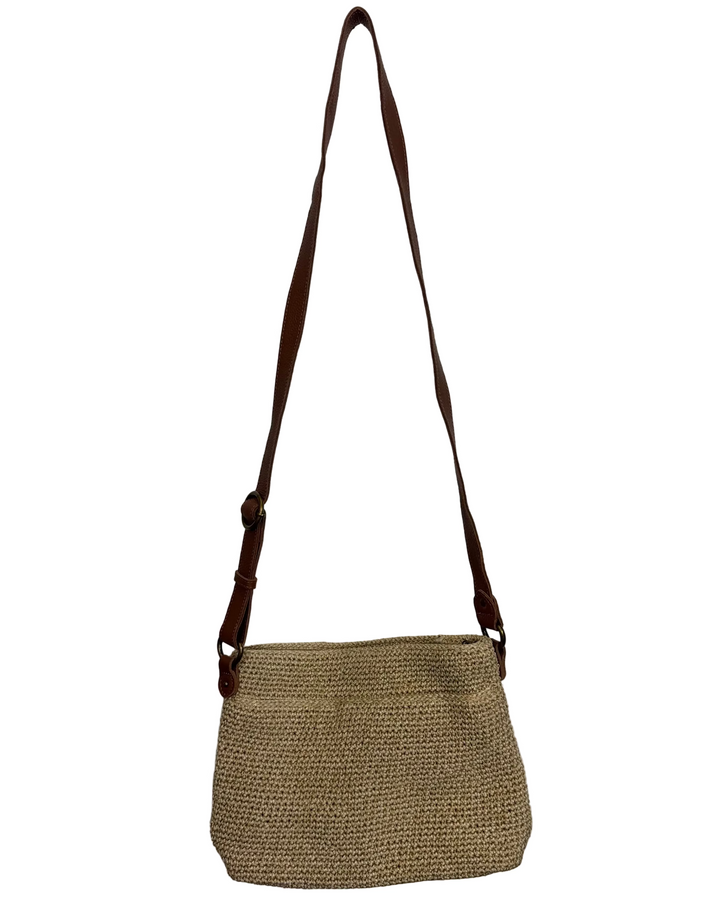 Sandy Tan Crochet & Leather Crossbody Bag