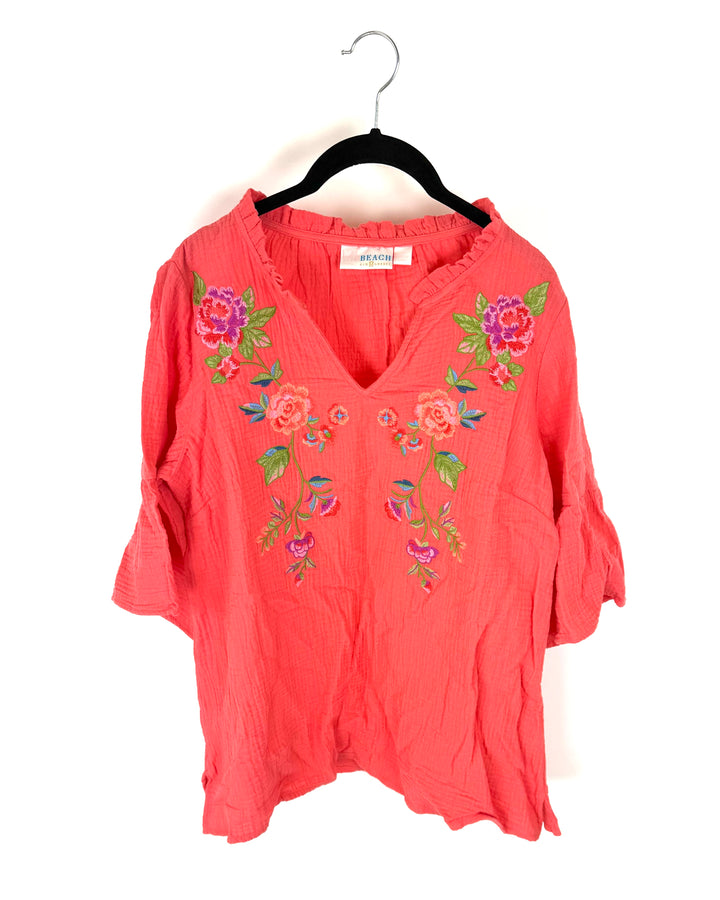 Coral Floral Embroidered Top - Size 6/8