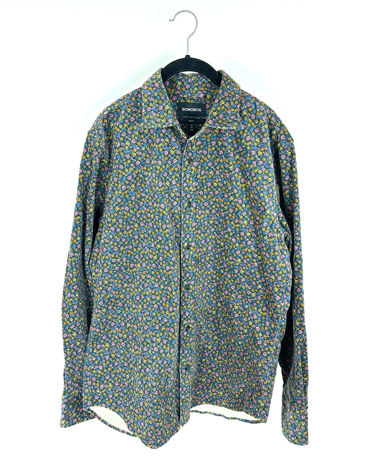 Mens Dark Teal Floral Button Up Shirt - Medium