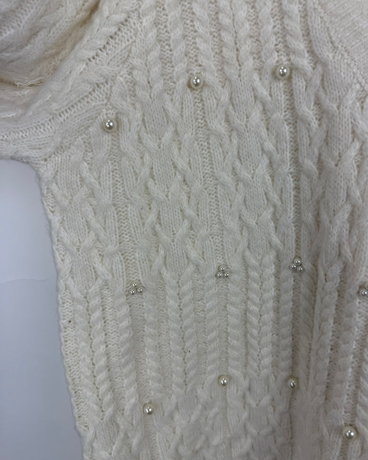 White Pearl Cable Knit Sweater - Large