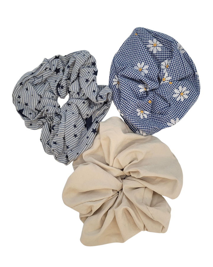 Cream and Blue Jumbo Scrunchie Pack