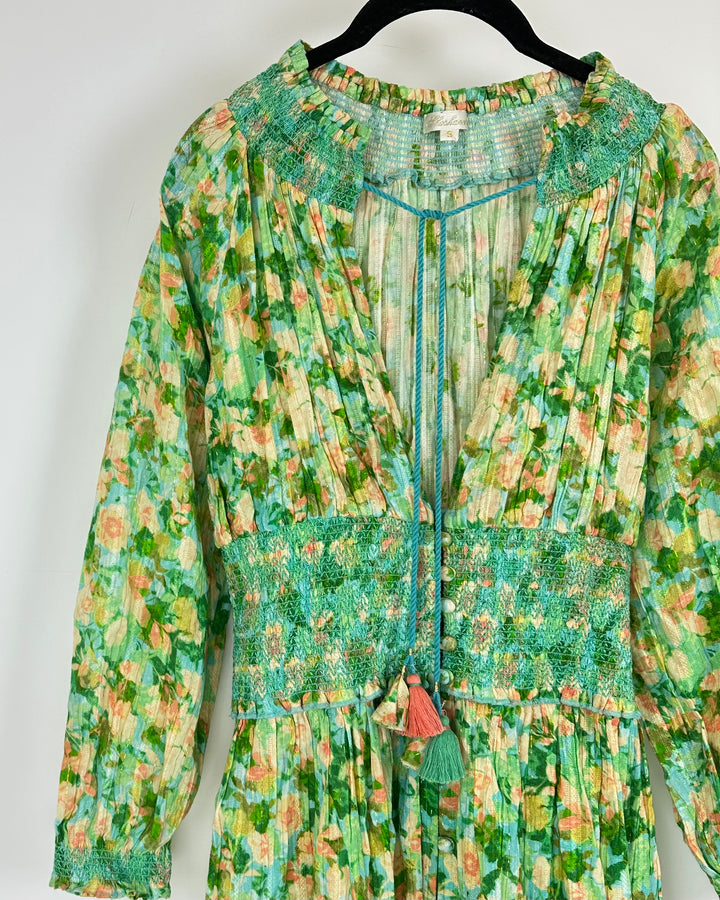 Green Floral V-Neck Dress - Small