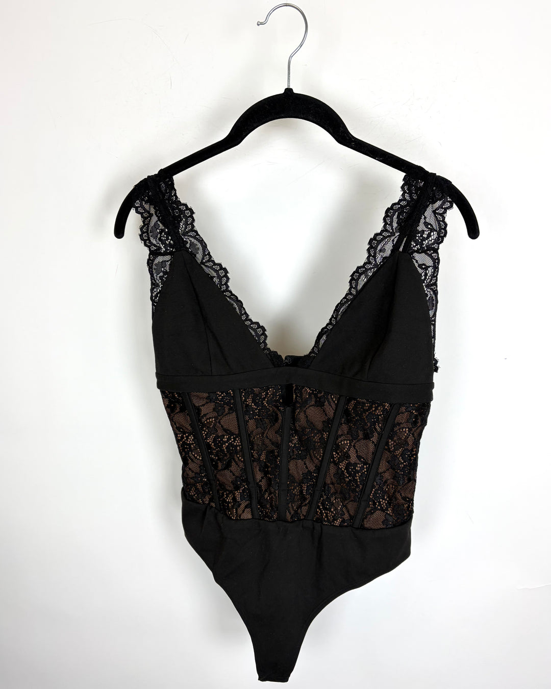 Black and Nude Lace Corset Bodysuit - Size 4/6