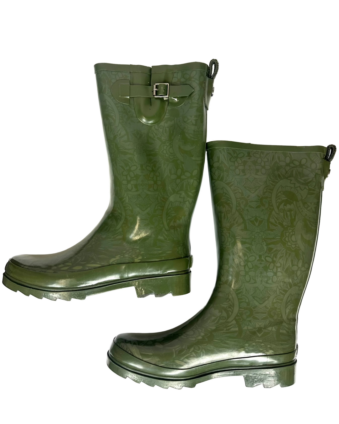 Tall Green & Floral Print Rainboots - Size 6, 7, 9, 10