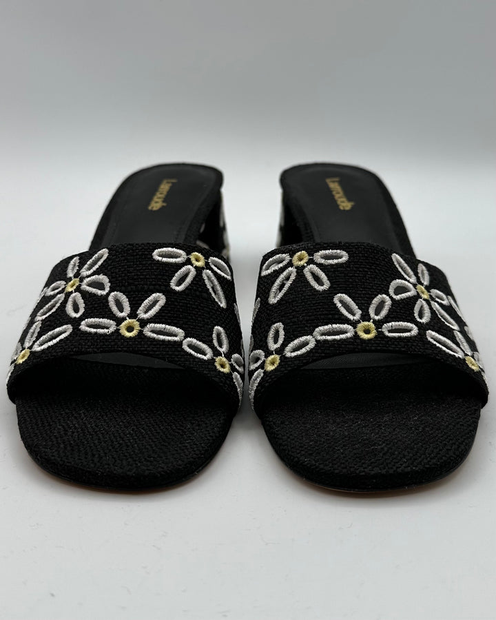 Black Raffia and Floral Print Heel Sandal - Size 6.5