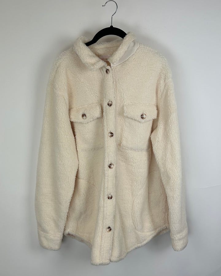 Cream Fleece Button-Up Sherpa Jacket- Size 6/8