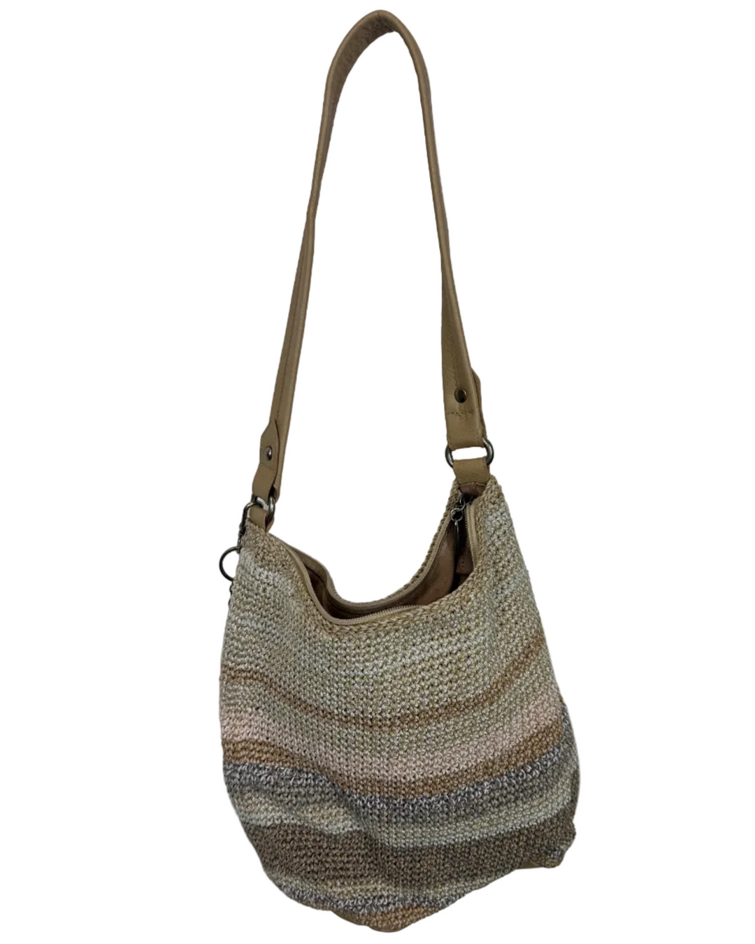 Beige Striped Crochet Slouch Bag