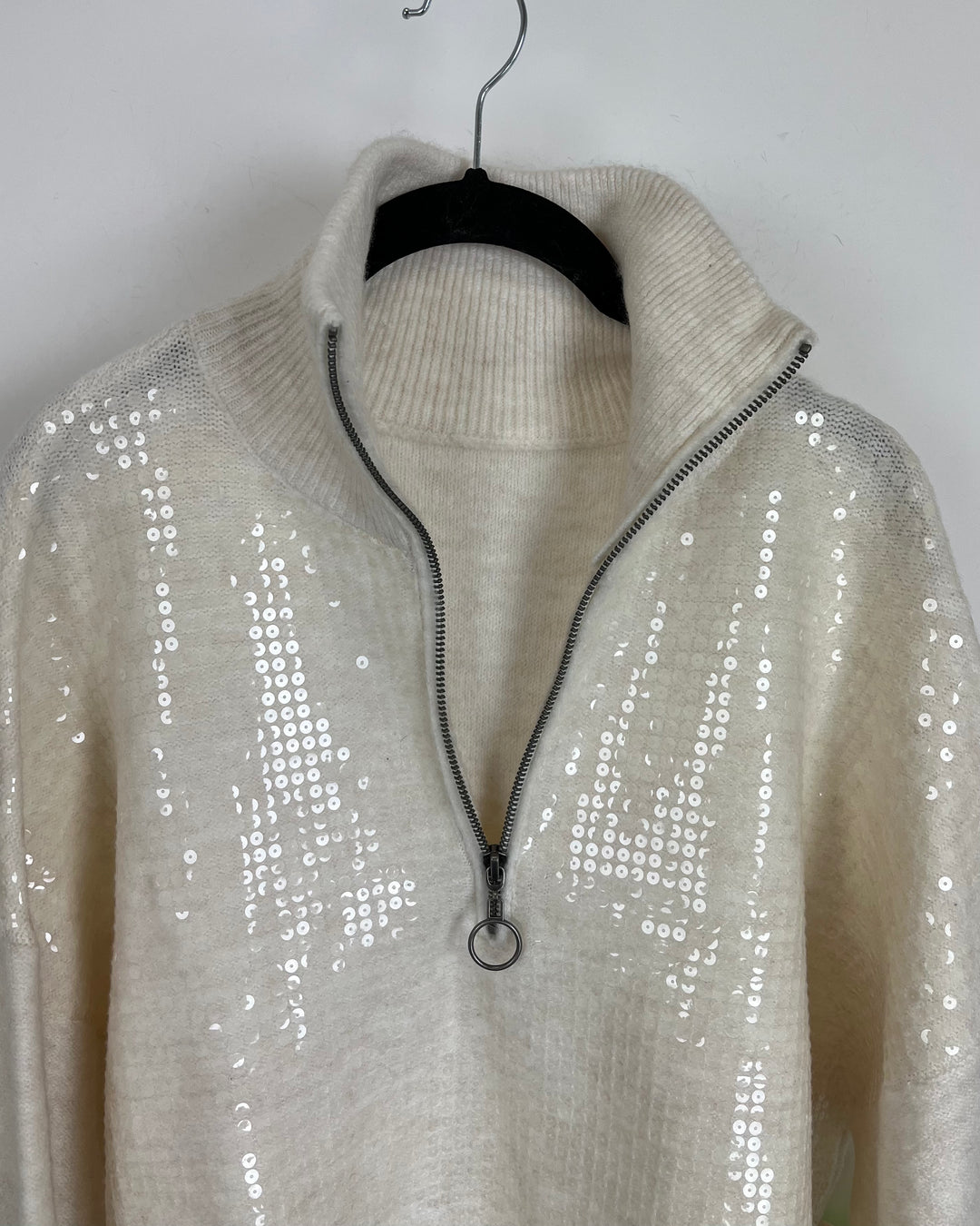 Cream Sequin Quarter Zip Sweater - Size 8/10